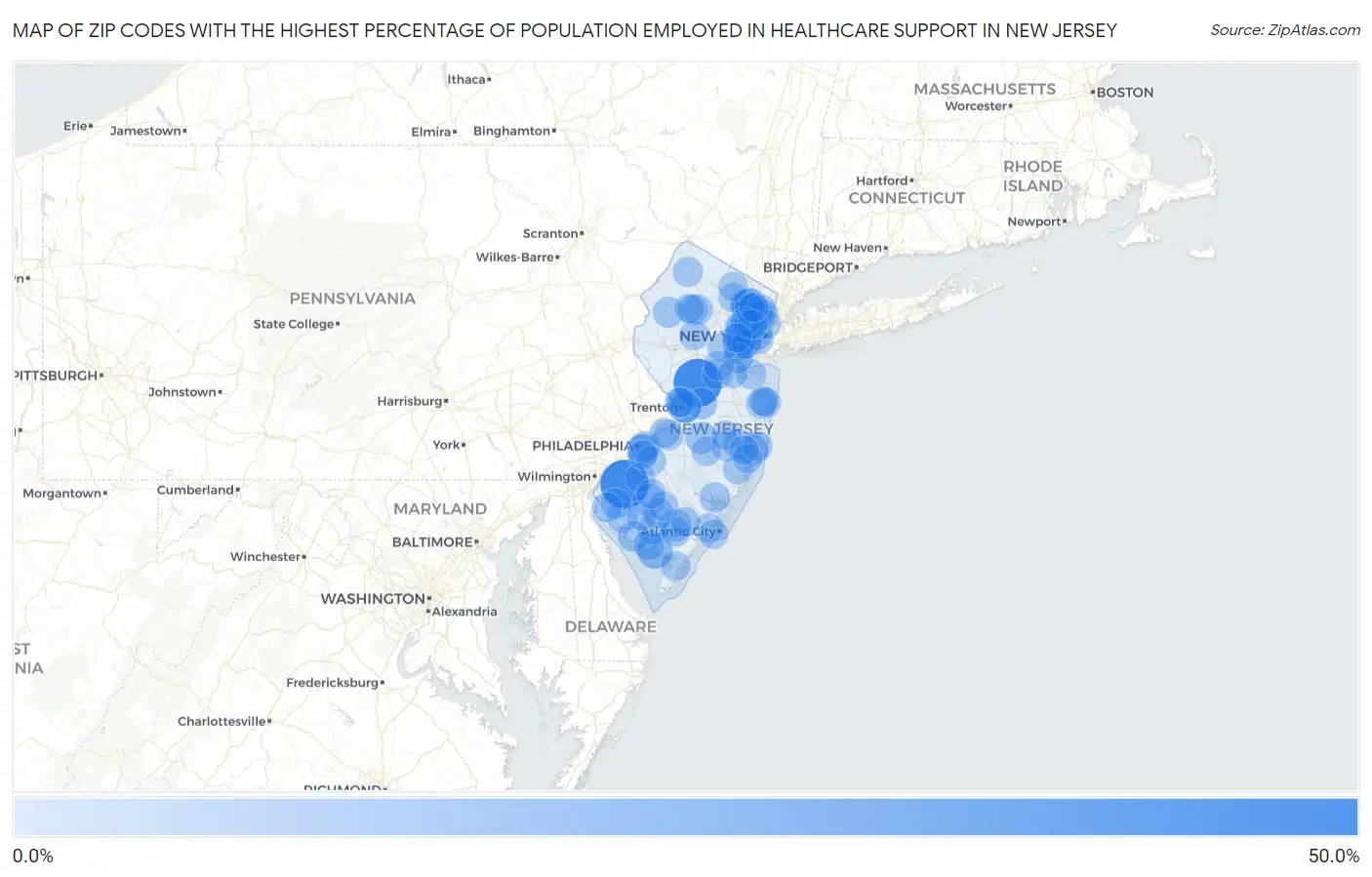 Zip Codes with the Highest Percentage of Population Employed in Healthcare Support in New Jersey Map
