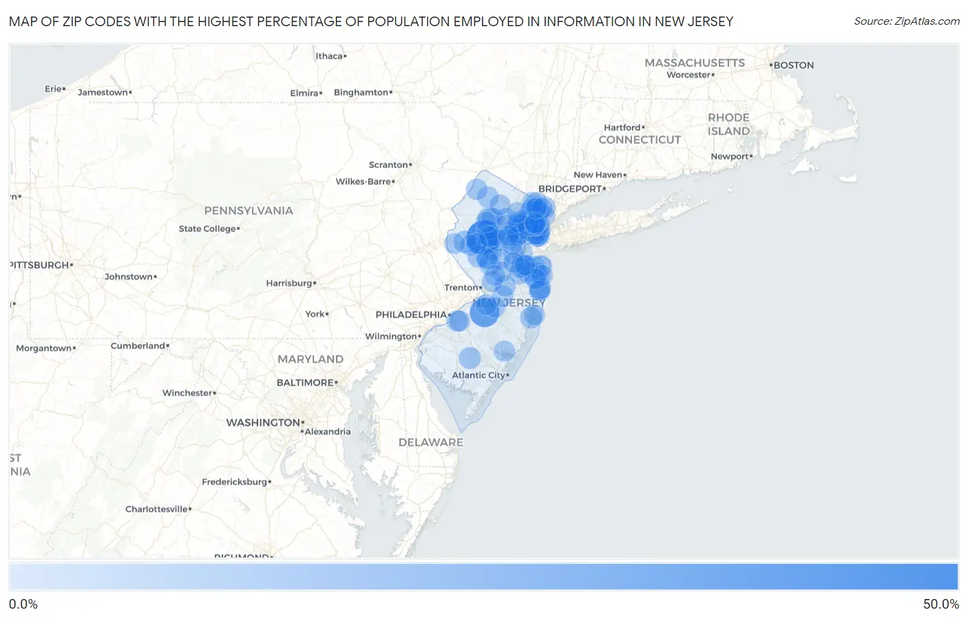 Zip Codes with the Highest Percentage of Population Employed in Information in New Jersey Map