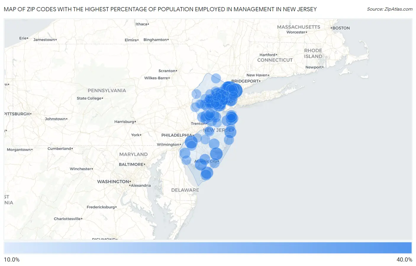 Zip Codes with the Highest Percentage of Population Employed in Management in New Jersey Map