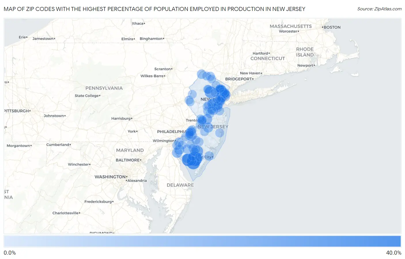 Zip Codes with the Highest Percentage of Population Employed in Production in New Jersey Map