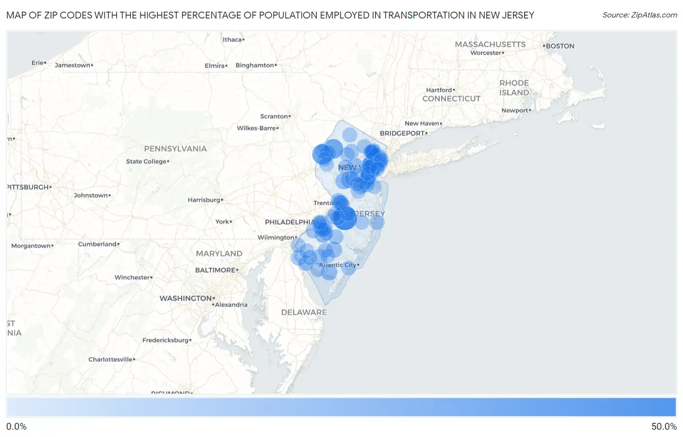 Zip Codes with the Highest Percentage of Population Employed in Transportation in New Jersey Map