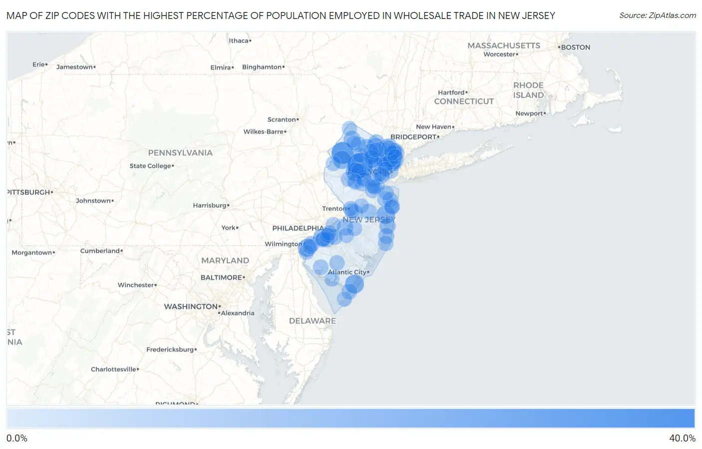 Zip Codes with the Highest Percentage of Population Employed in Wholesale Trade in New Jersey Map