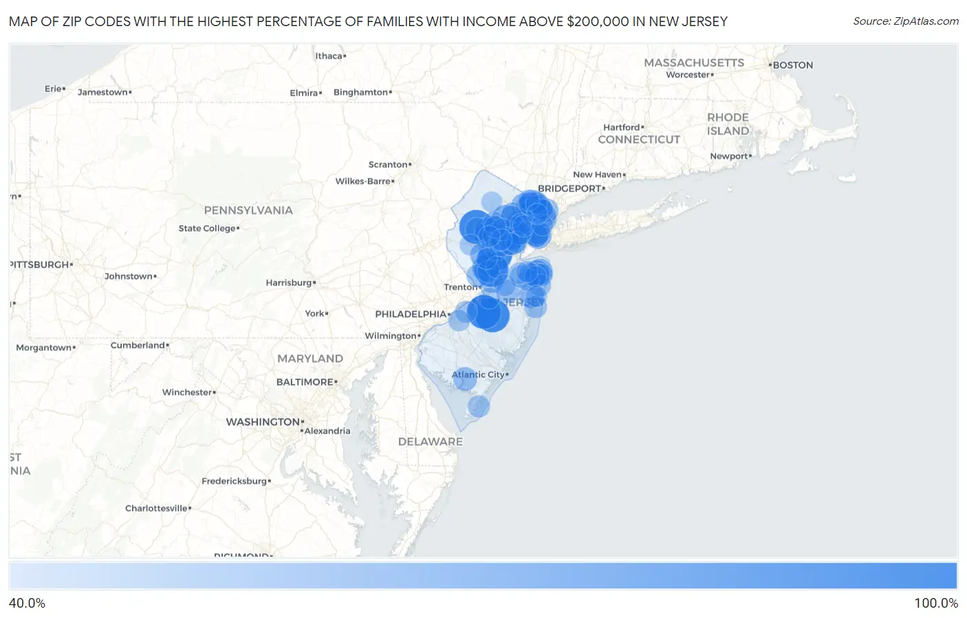Zip Codes with the Highest Percentage of Families with Income Above $200,000 in New Jersey Map
