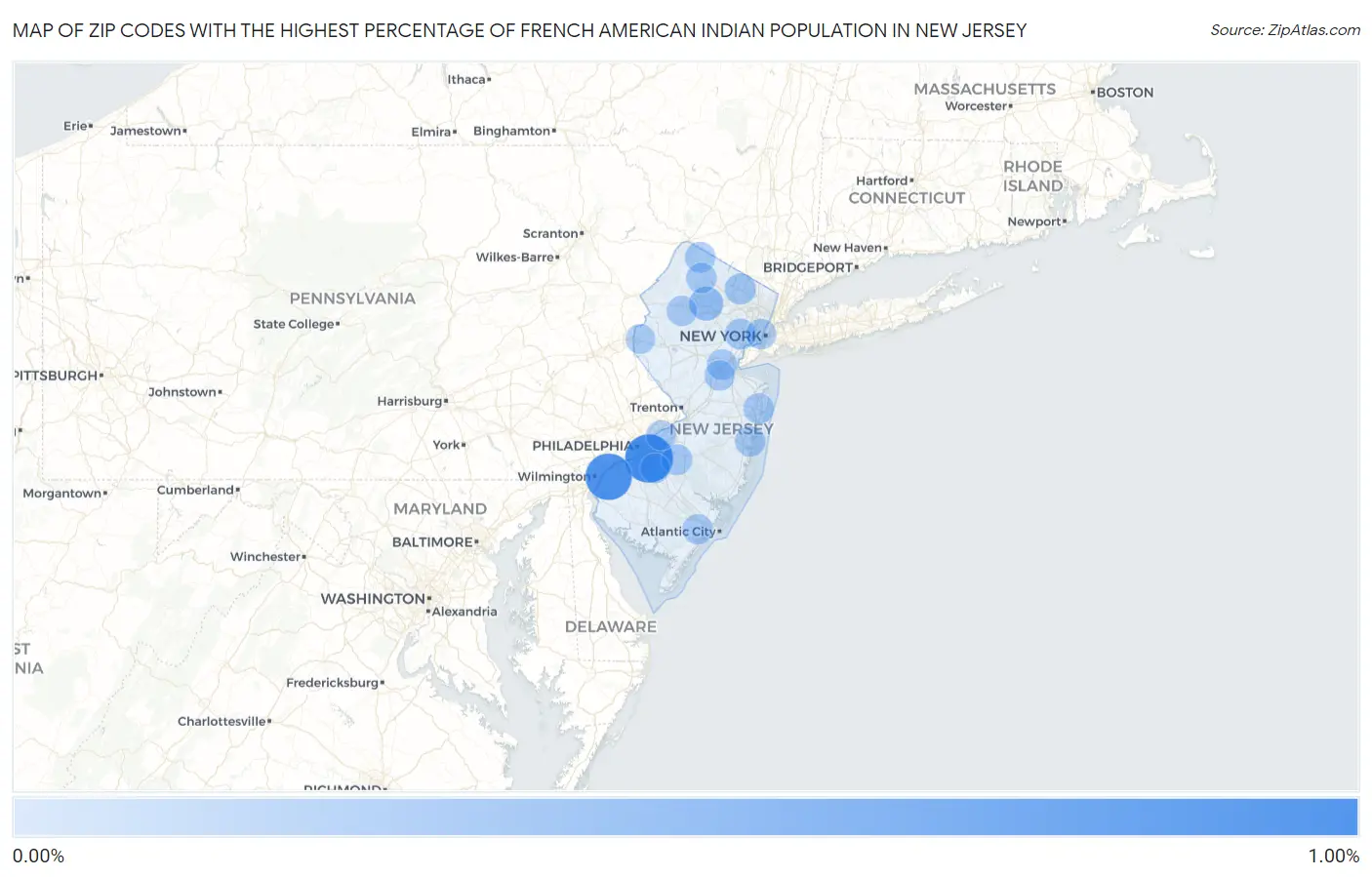 Zip Codes with the Highest Percentage of French American Indian Population in New Jersey Map