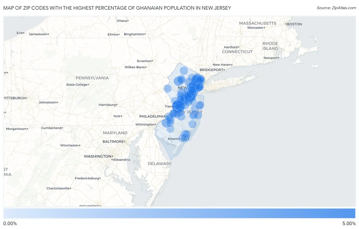 Zip Codes with the Highest Percentage of Ghanaian Population in New Jersey Map