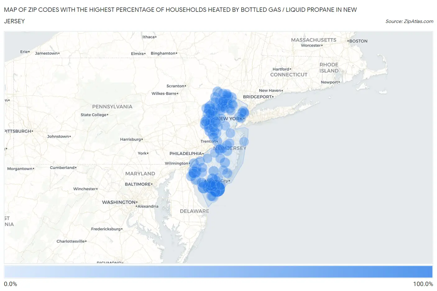 Zip Codes with the Highest Percentage of Households Heated by Bottled Gas / Liquid Propane in New Jersey Map