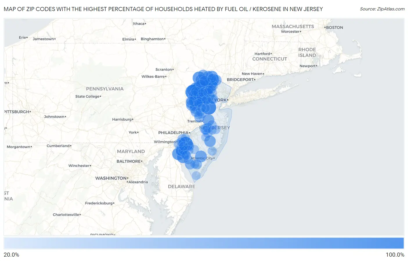 Zip Codes with the Highest Percentage of Households Heated by Fuel Oil / Kerosene in New Jersey Map