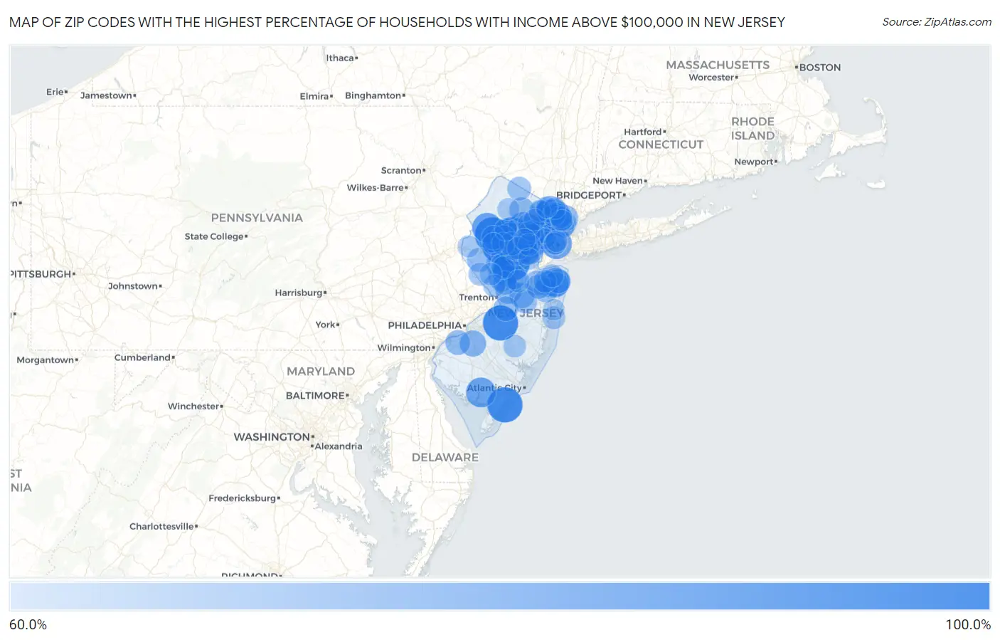 Zip Codes with the Highest Percentage of Households with Income Above $100,000 in New Jersey Map