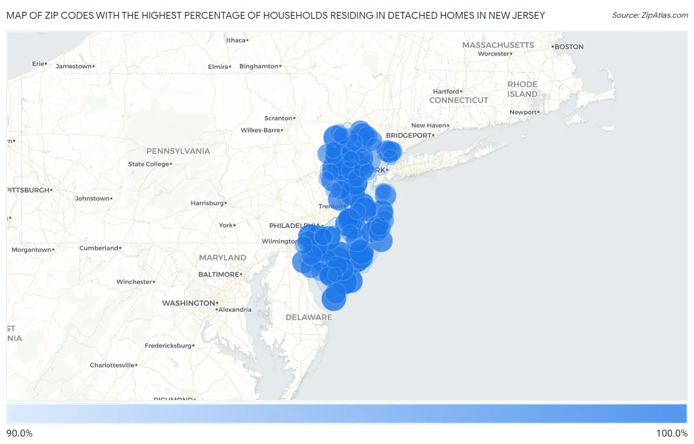 Zip Codes with the Highest Percentage of Households Residing in Detached Homes in New Jersey Map