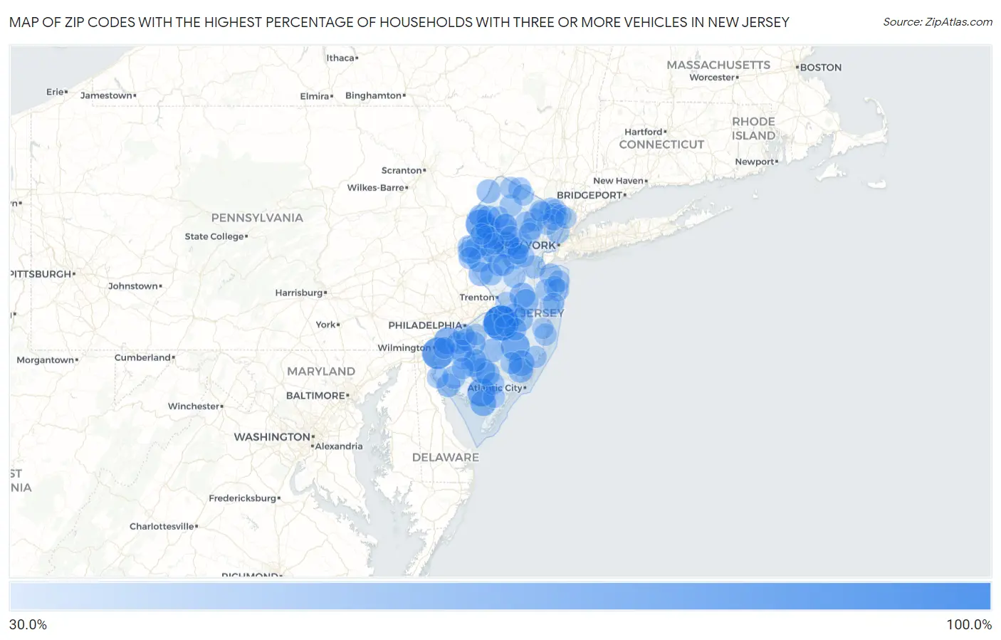 Zip Codes with the Highest Percentage of Households With Three or more Vehicles in New Jersey Map