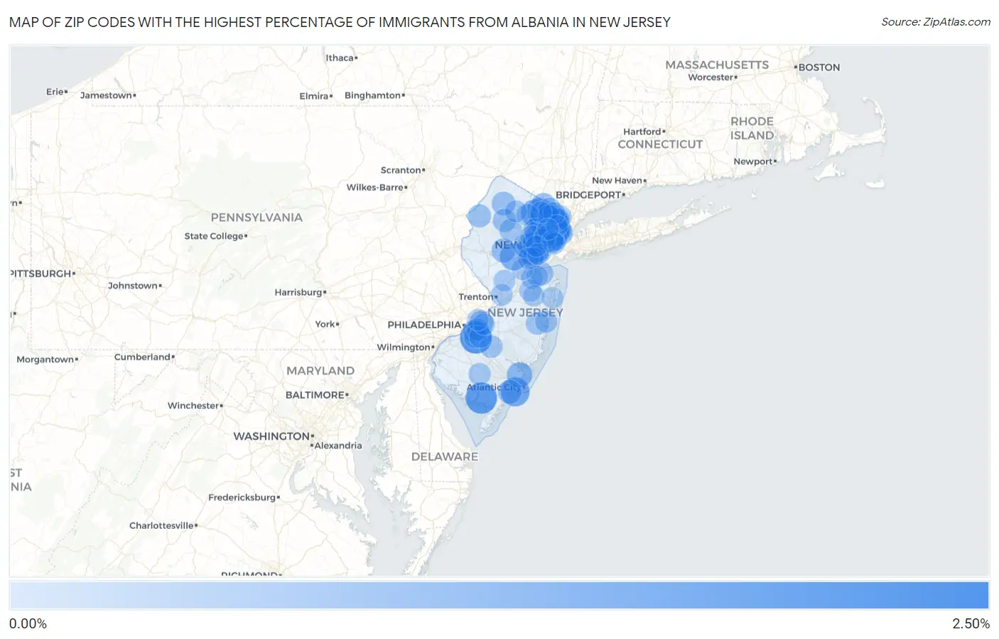 Zip Codes with the Highest Percentage of Immigrants from Albania in New Jersey Map