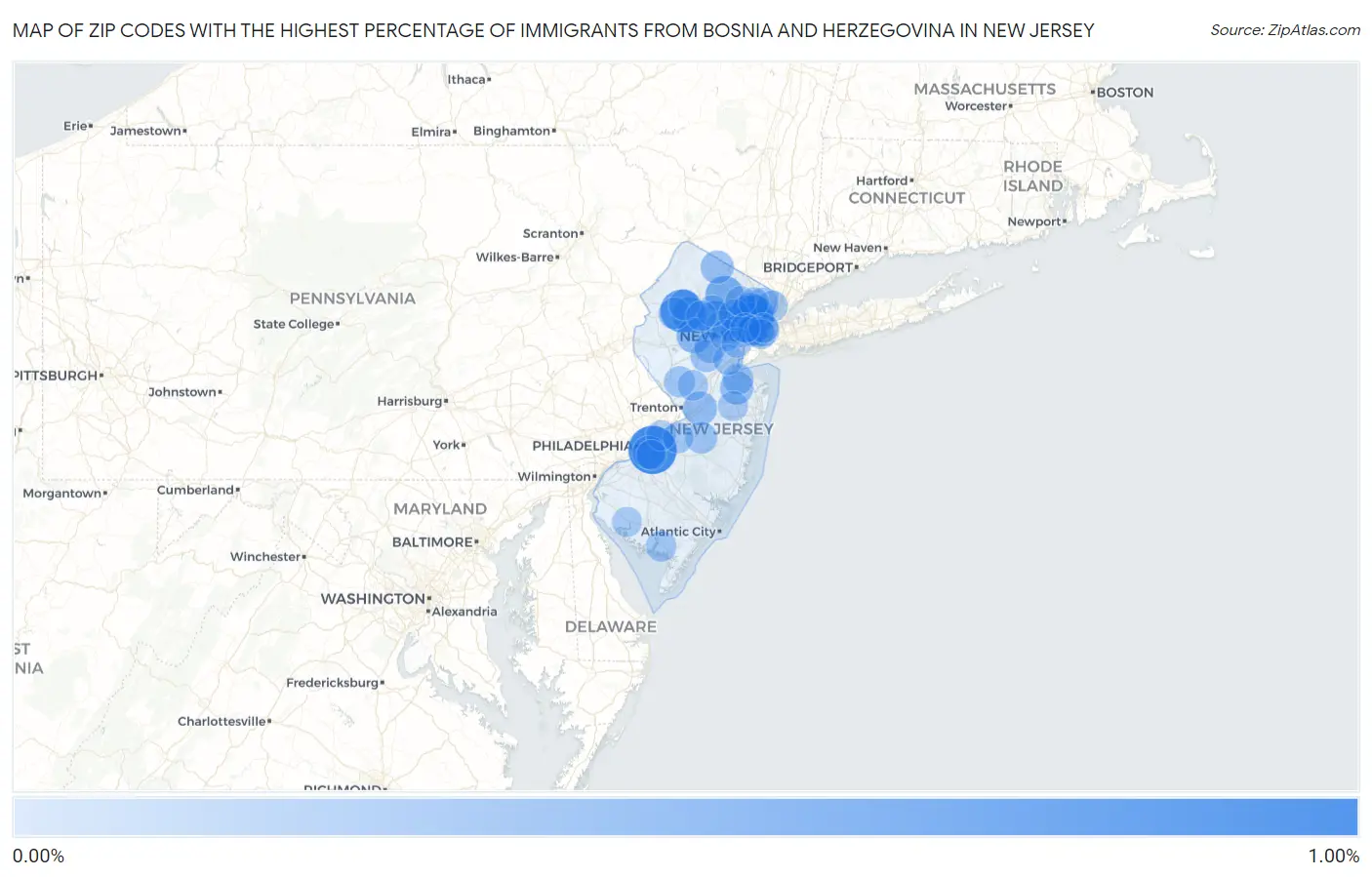 Zip Codes with the Highest Percentage of Immigrants from Bosnia and Herzegovina in New Jersey Map