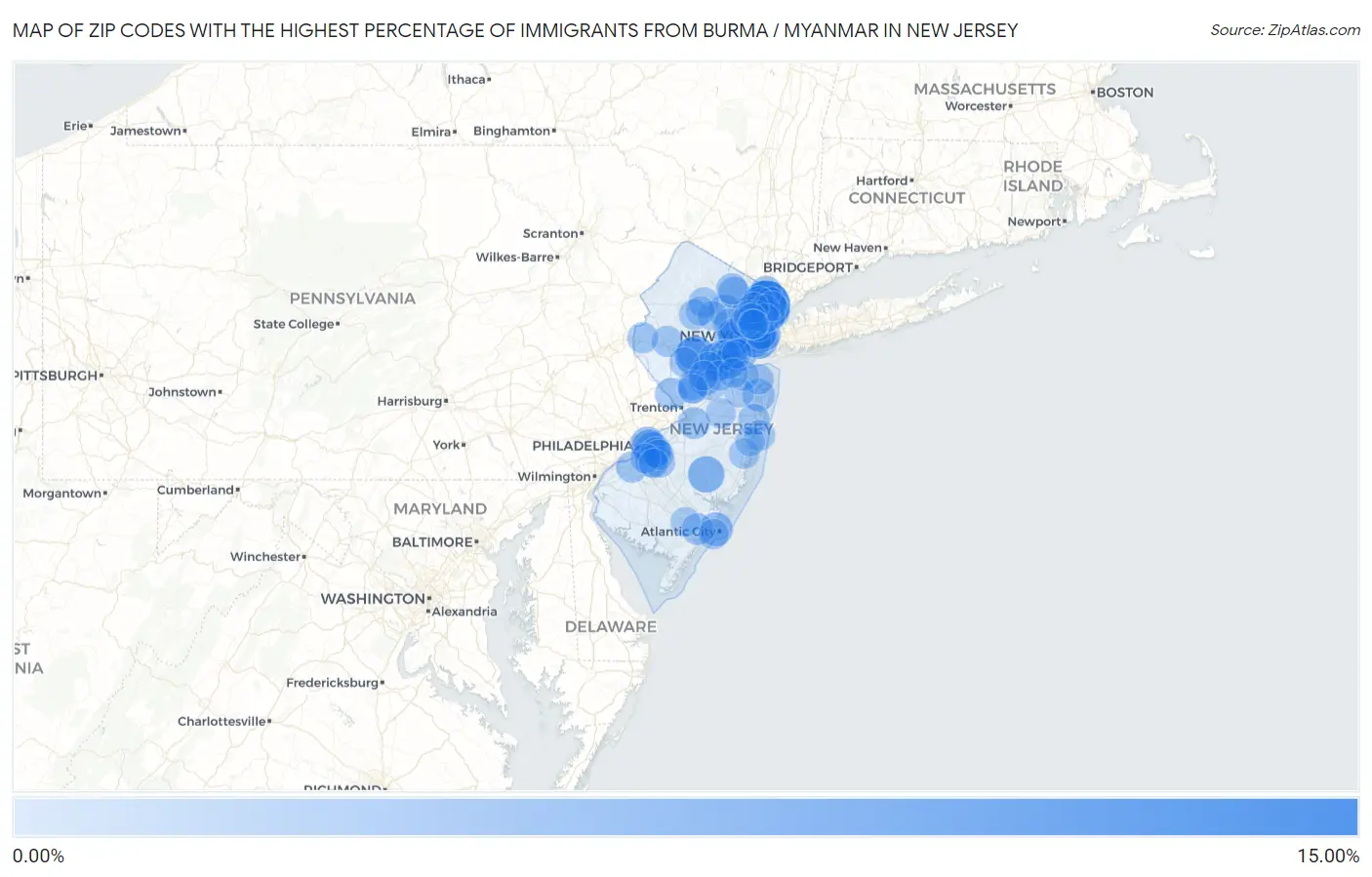 Zip Codes with the Highest Percentage of Immigrants from Burma / Myanmar in New Jersey Map