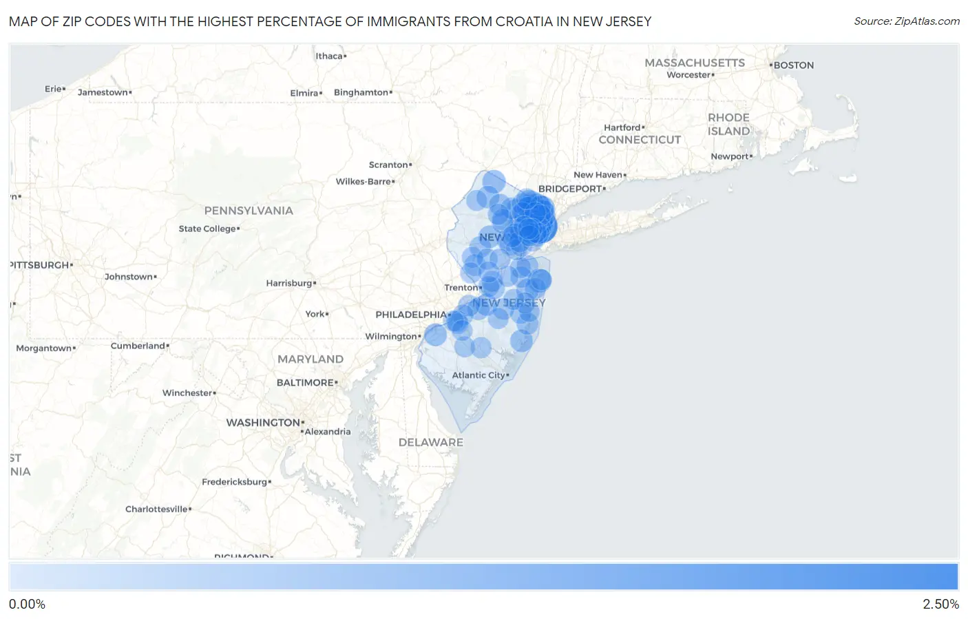 Zip Codes with the Highest Percentage of Immigrants from Croatia in New Jersey Map