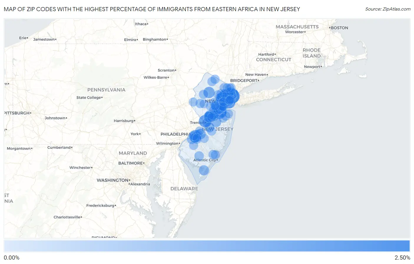 Zip Codes with the Highest Percentage of Immigrants from Eastern Africa in New Jersey Map