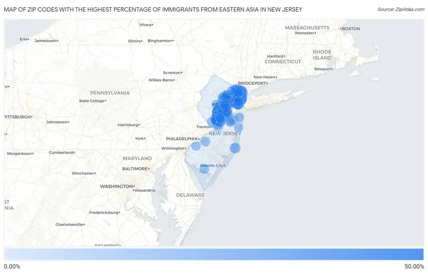 Zip Codes with the Highest Percentage of Immigrants from Eastern Asia in New Jersey Map