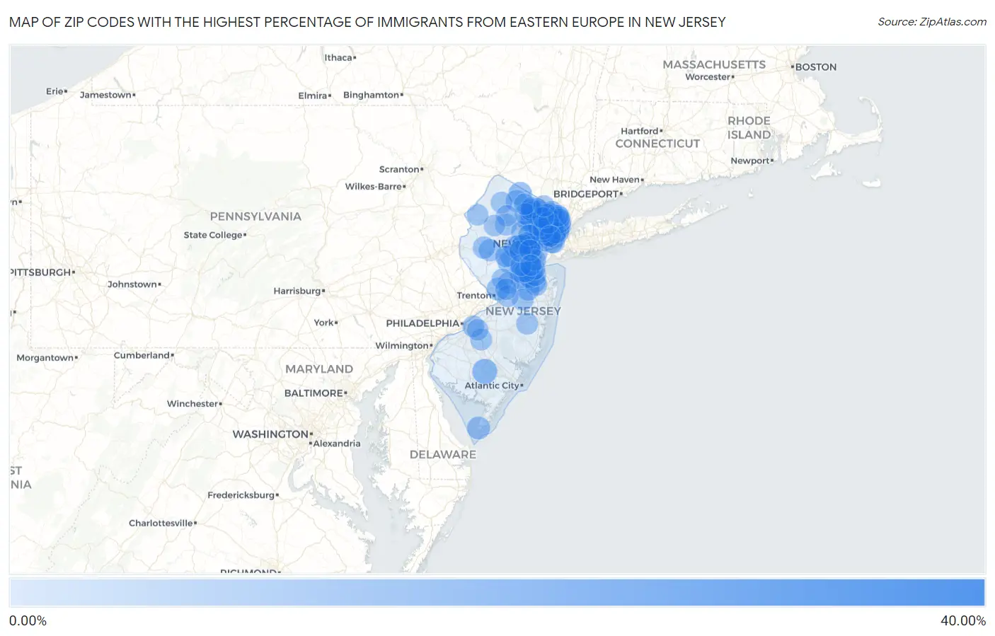 Zip Codes with the Highest Percentage of Immigrants from Eastern Europe in New Jersey Map