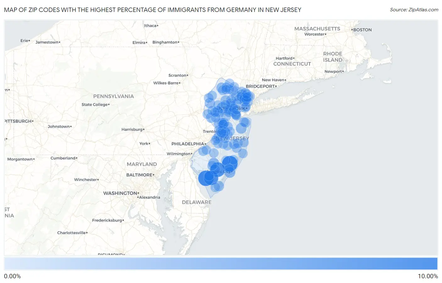 Zip Codes with the Highest Percentage of Immigrants from Germany in New Jersey Map