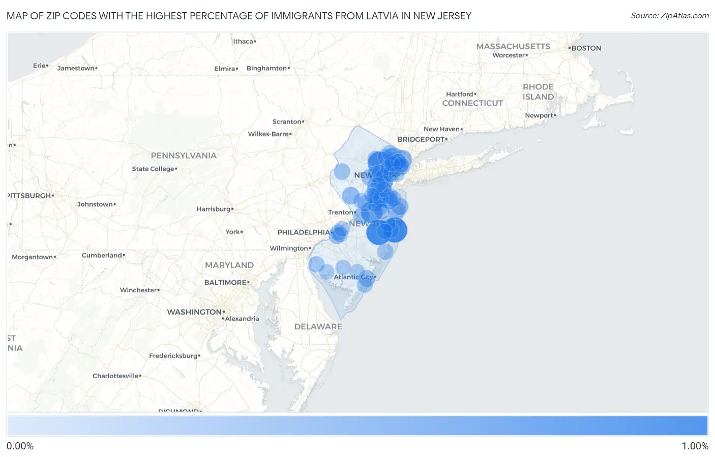 Zip Codes with the Highest Percentage of Immigrants from Latvia in New Jersey Map