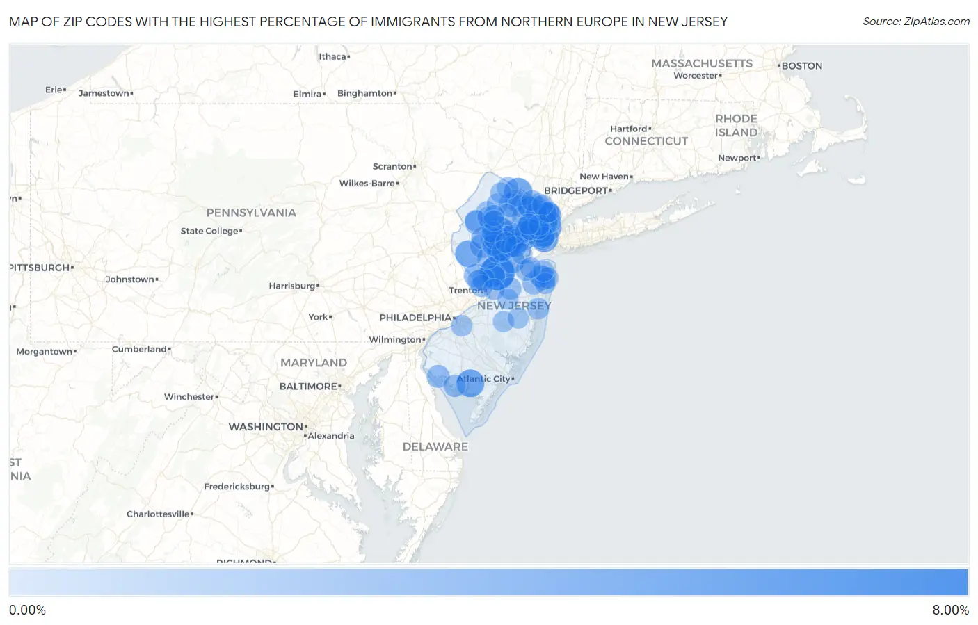 Zip Codes with the Highest Percentage of Immigrants from Northern Europe in New Jersey Map