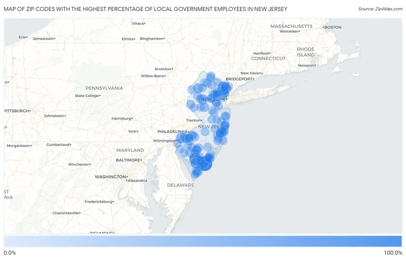 Zip Codes with the Highest Percentage of Local Government Employees in New Jersey Map