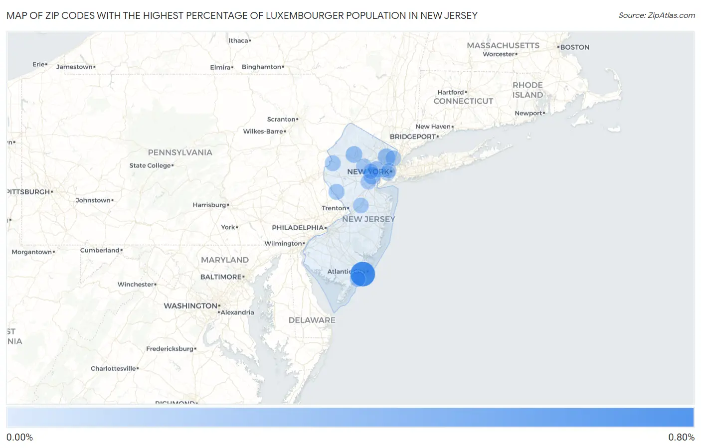 Zip Codes with the Highest Percentage of Luxembourger Population in New Jersey Map