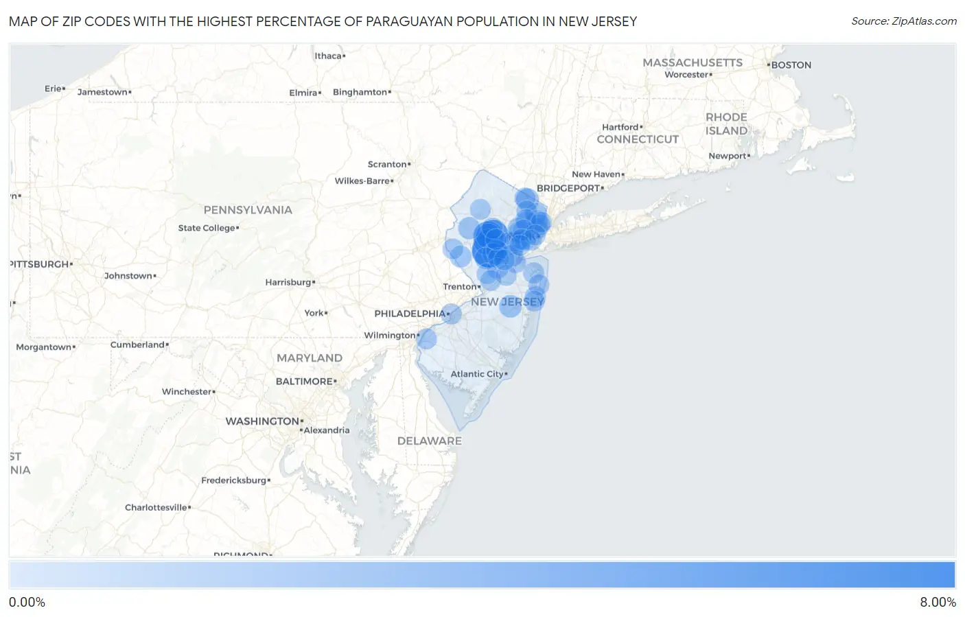 Zip Codes with the Highest Percentage of Paraguayan Population in New Jersey Map