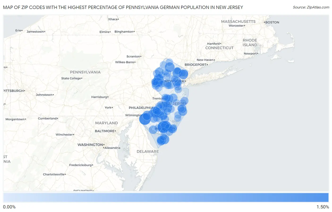 Zip Codes with the Highest Percentage of Pennsylvania German Population in New Jersey Map