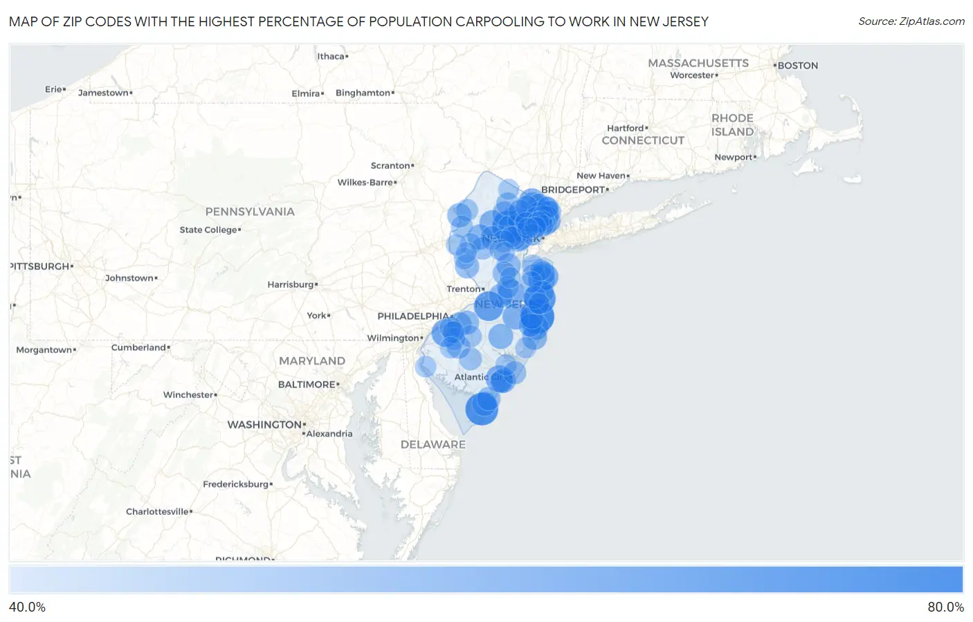 Zip Codes with the Highest Percentage of Population Carpooling to Work in New Jersey Map