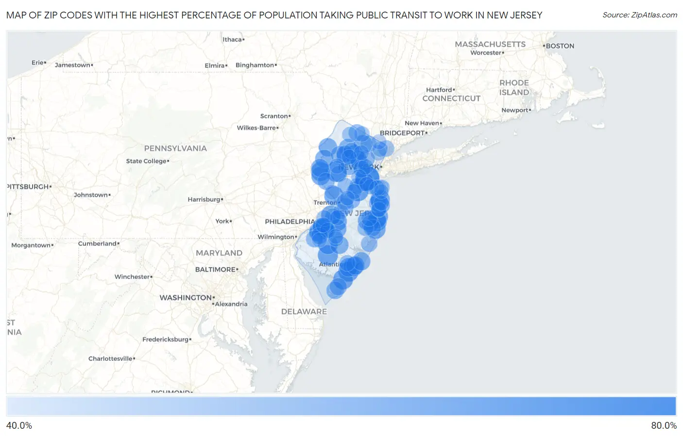 Zip Codes with the Highest Percentage of Population Taking Public Transit to Work in New Jersey Map