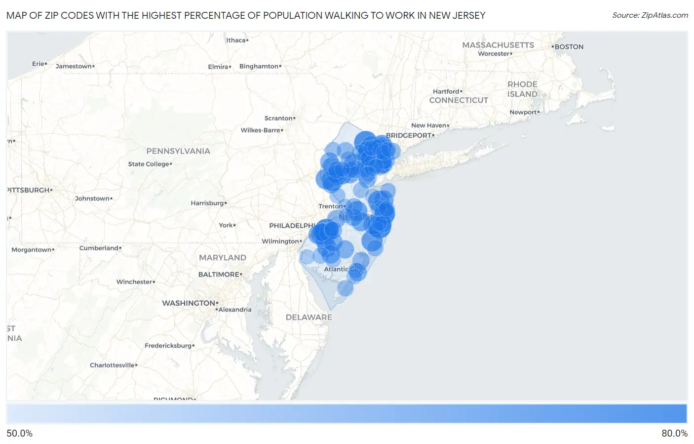 Zip Codes with the Highest Percentage of Population Walking to Work in New Jersey Map