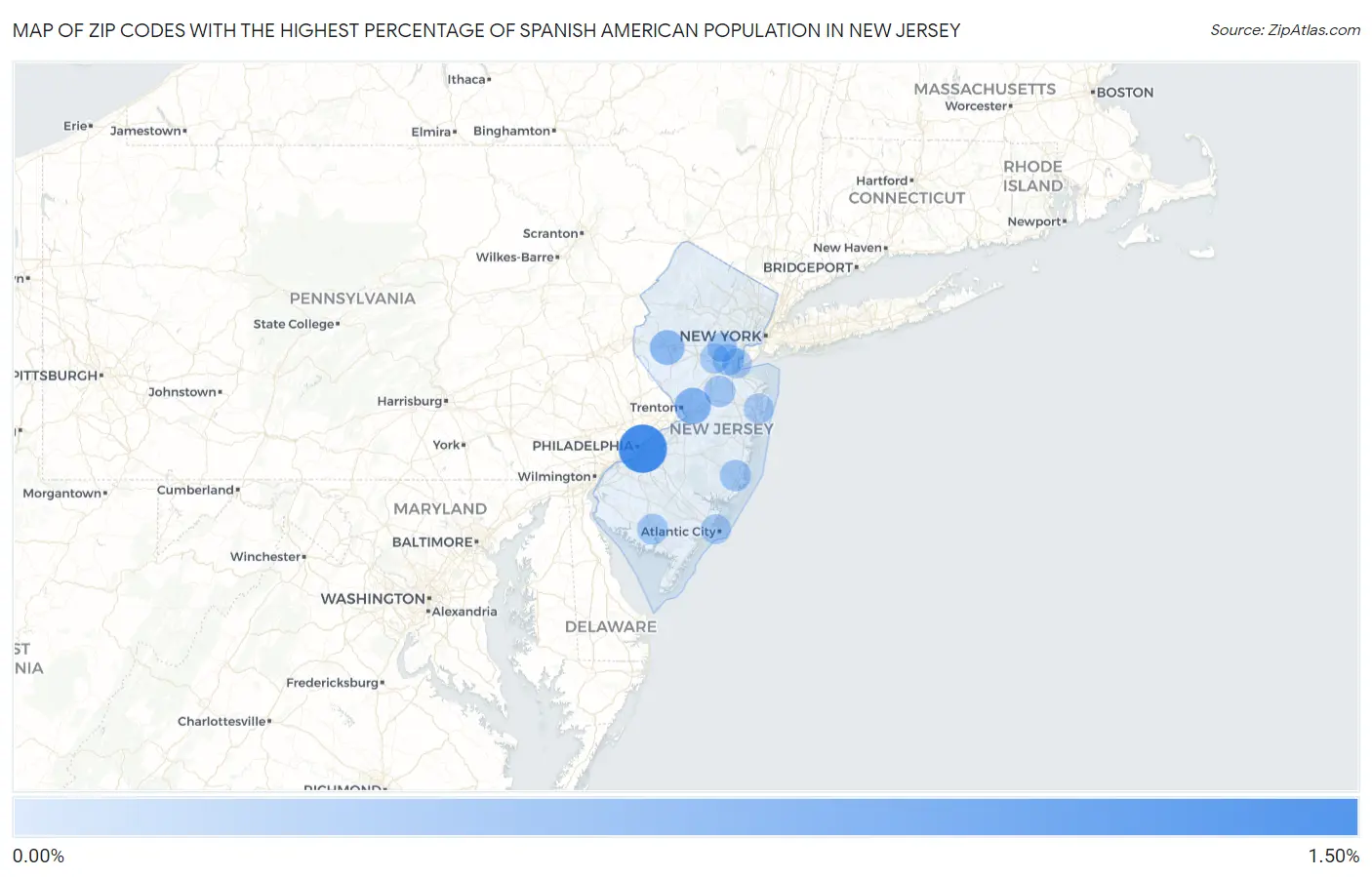 Zip Codes with the Highest Percentage of Spanish American Population in New Jersey Map