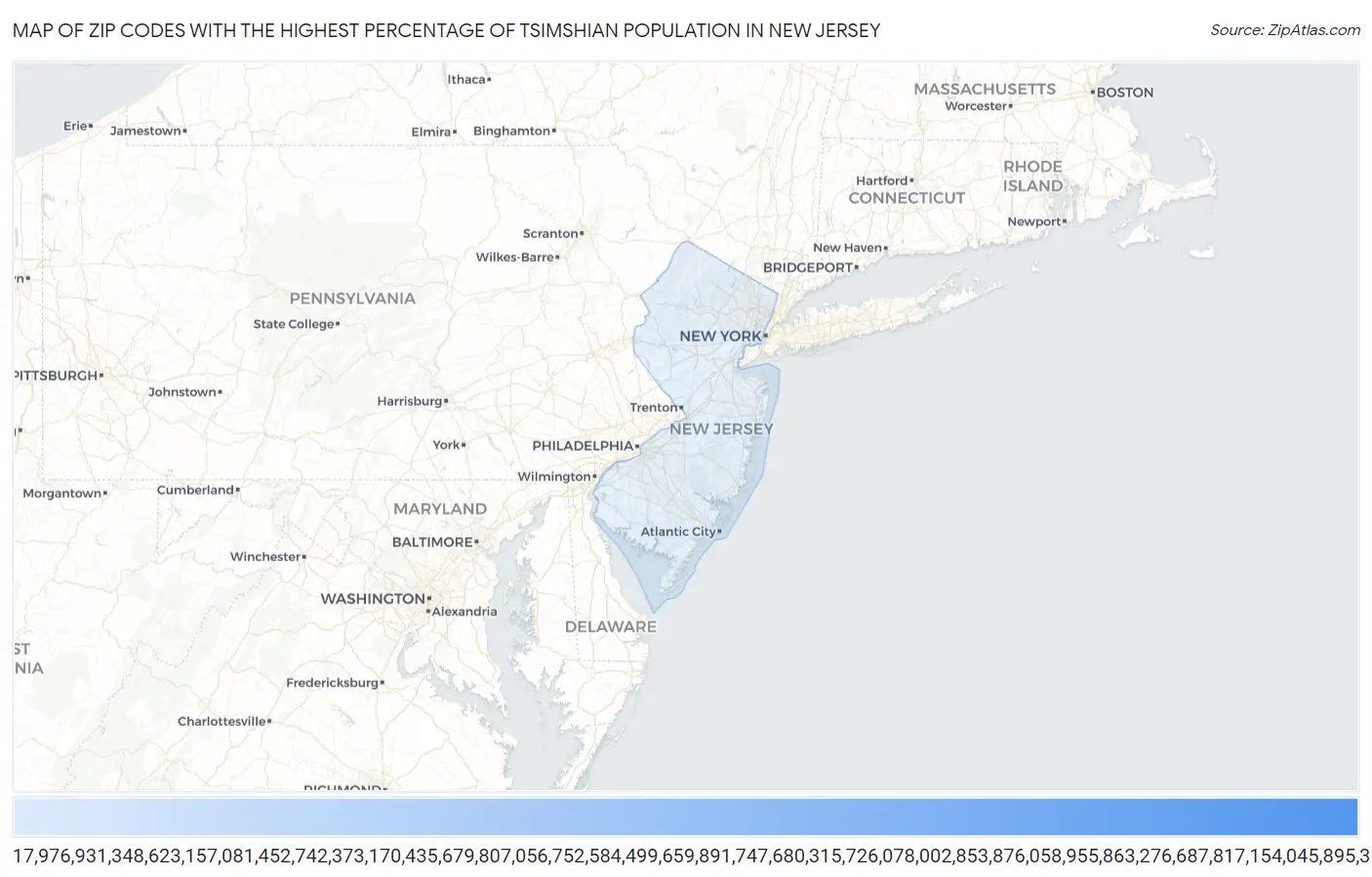 Zip Codes with the Highest Percentage of Tsimshian Population in New Jersey Map
