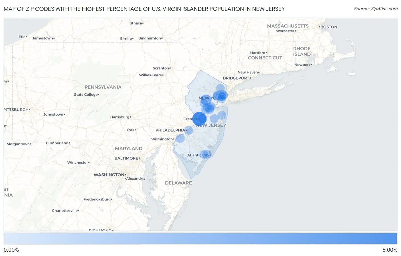 Zip Codes with the Highest Percentage of U.S. Virgin Islander Population in New Jersey Map