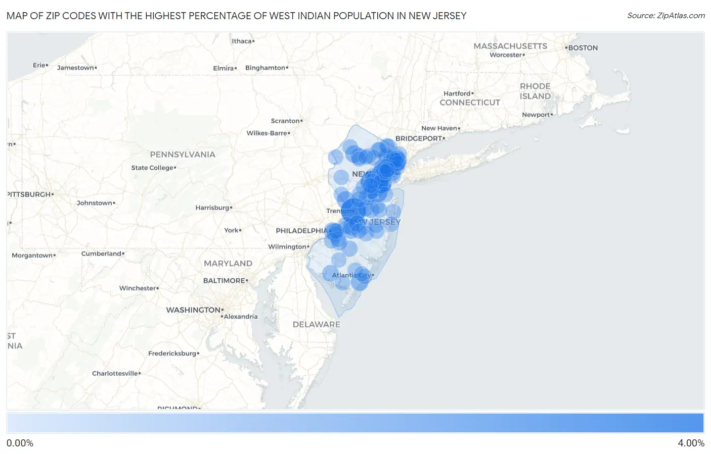 Zip Codes with the Highest Percentage of West Indian Population in New Jersey Map
