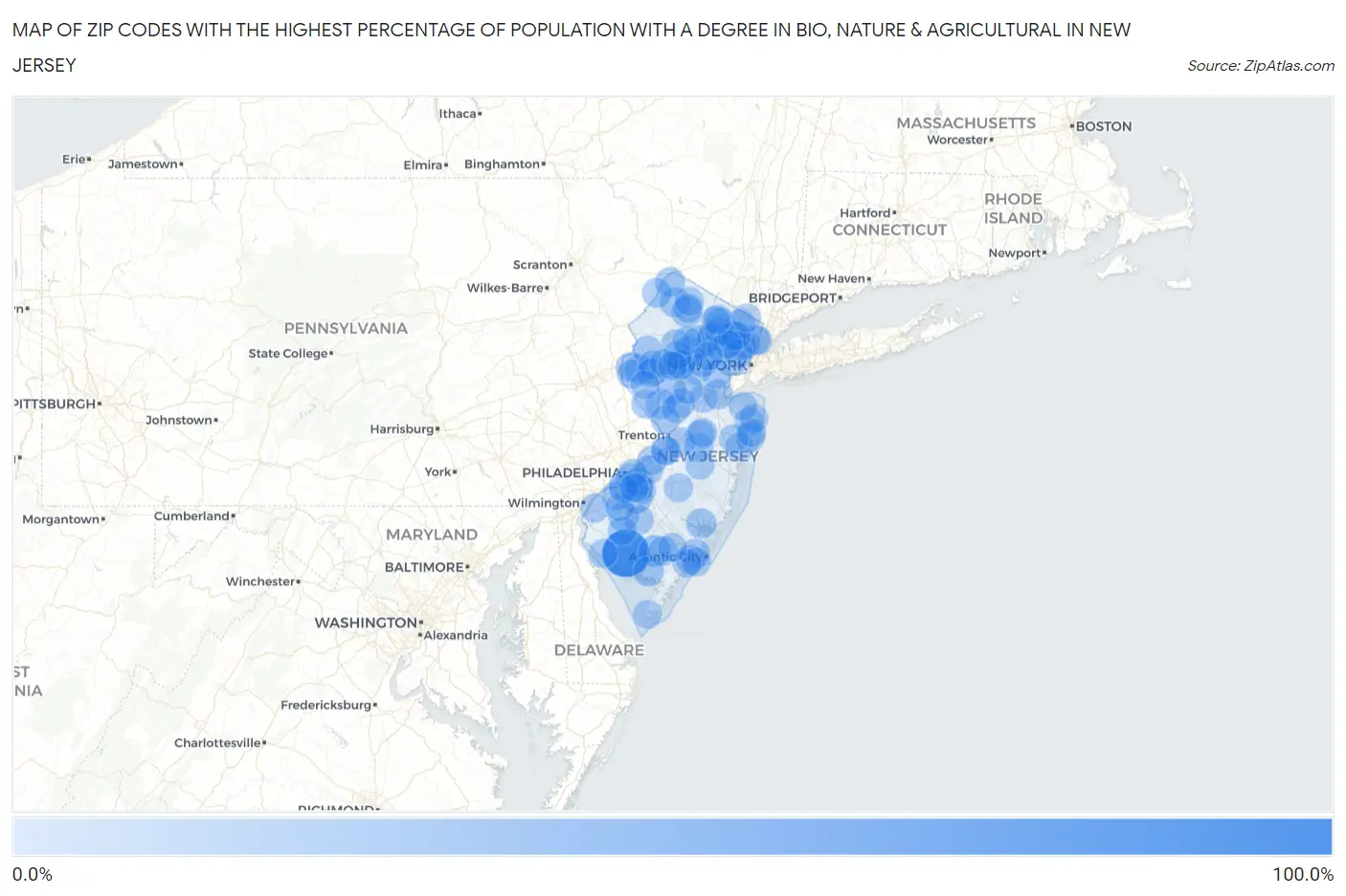 Zip Codes with the Highest Percentage of Population with a Degree in Bio, Nature & Agricultural in New Jersey Map