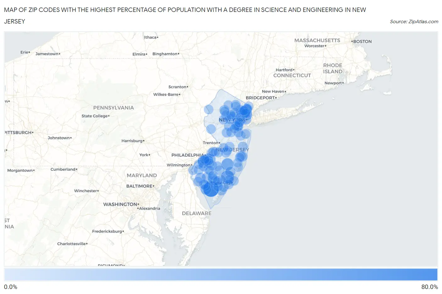 Zip Codes with the Highest Percentage of Population with a Degree in Science and Engineering in New Jersey Map