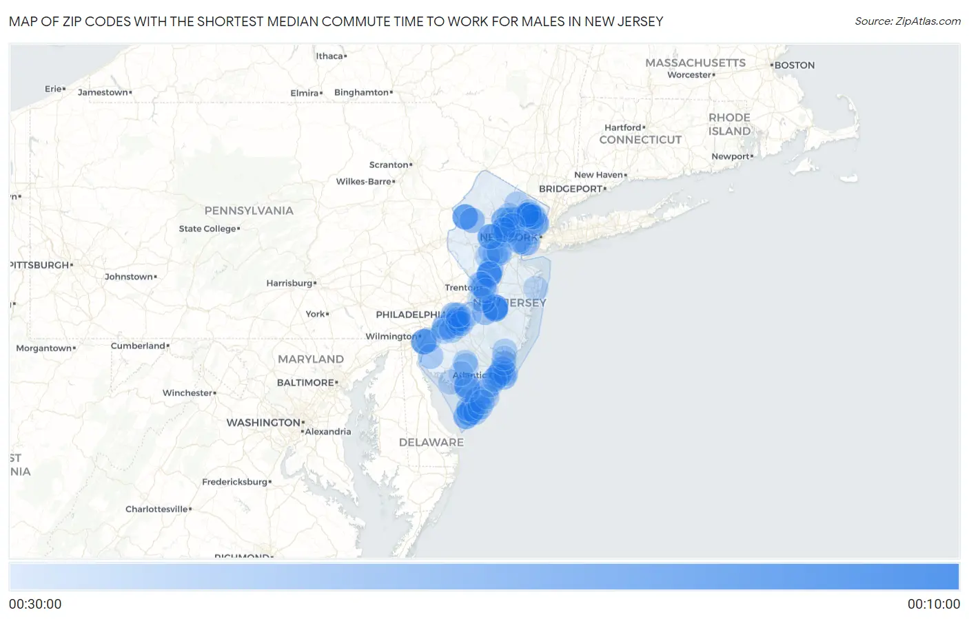 Zip Codes with the Shortest Median Commute Time to Work for Males in New Jersey Map