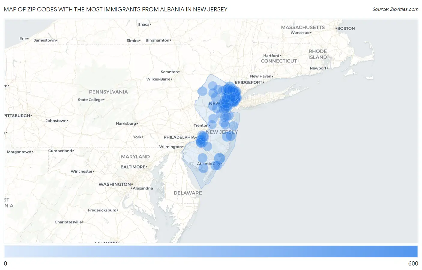 Zip Codes with the Most Immigrants from Albania in New Jersey Map