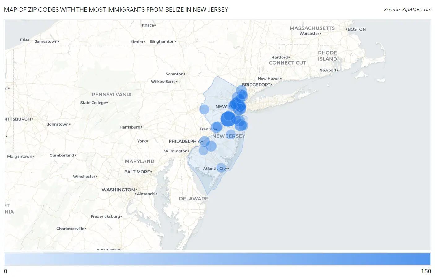Zip Codes with the Most Immigrants from Belize in New Jersey Map