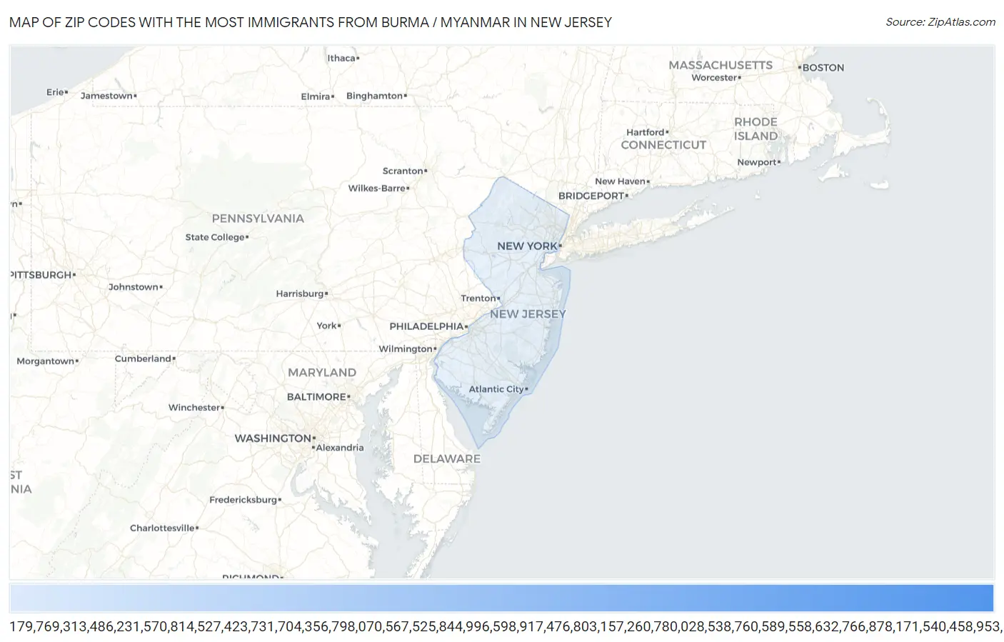 Zip Codes with the Most Immigrants from Burma / Myanmar in New Jersey Map