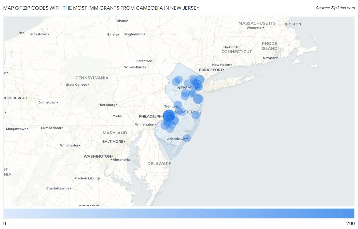 Zip Codes with the Most Immigrants from Cambodia in New Jersey Map