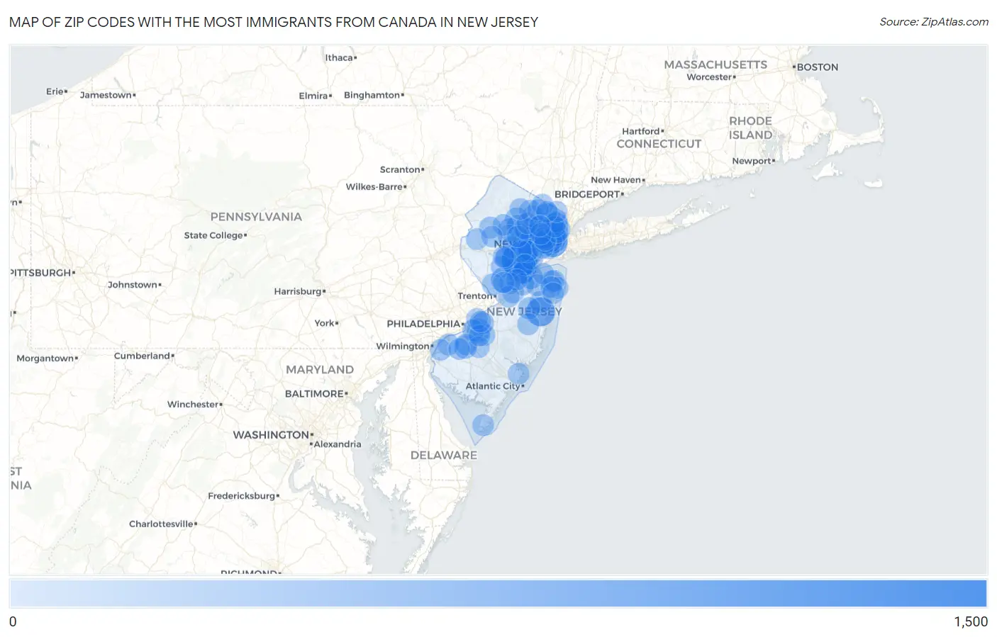 Zip Codes with the Most Immigrants from Canada in New Jersey Map