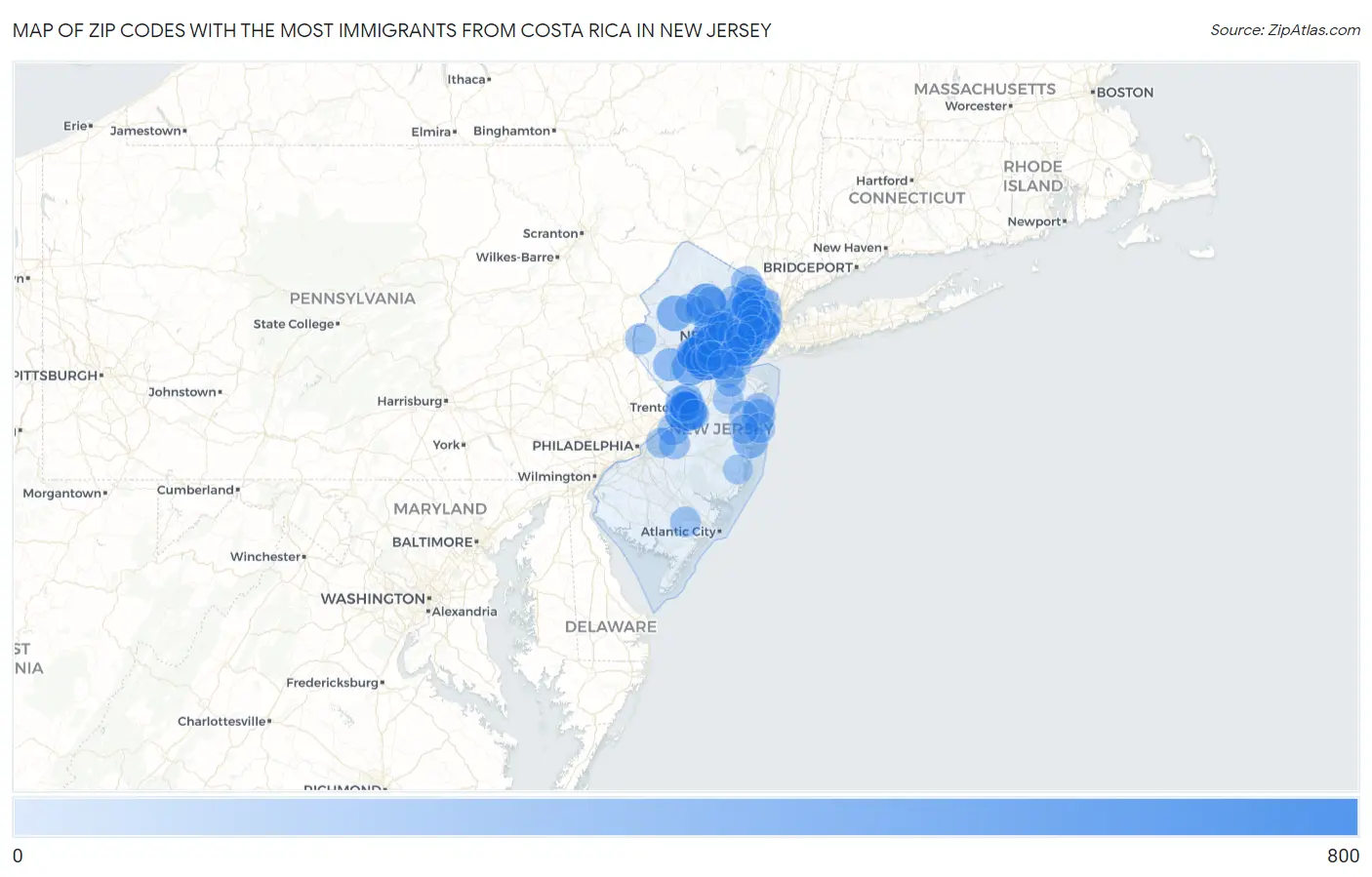 Zip Codes with the Most Immigrants from Costa Rica in New Jersey Map
