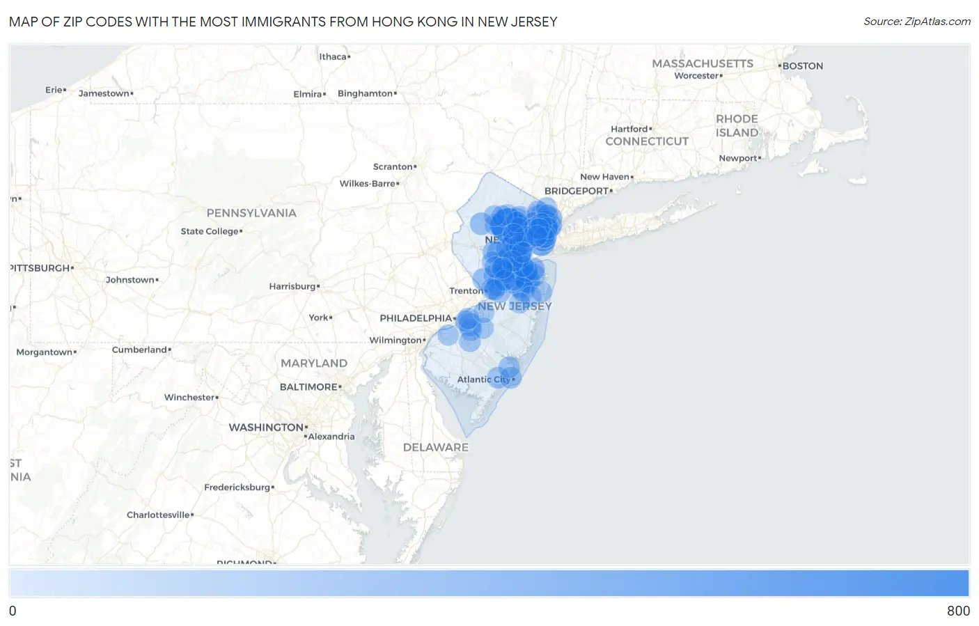 Zip Codes with the Most Immigrants from Hong Kong in New Jersey Map