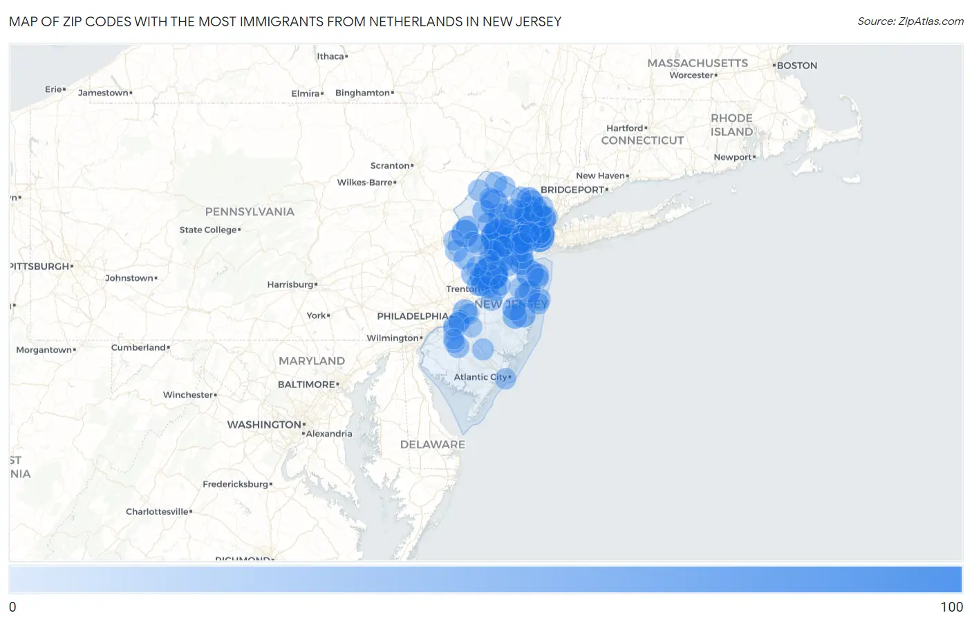 Zip Codes with the Most Immigrants from Netherlands in New Jersey Map