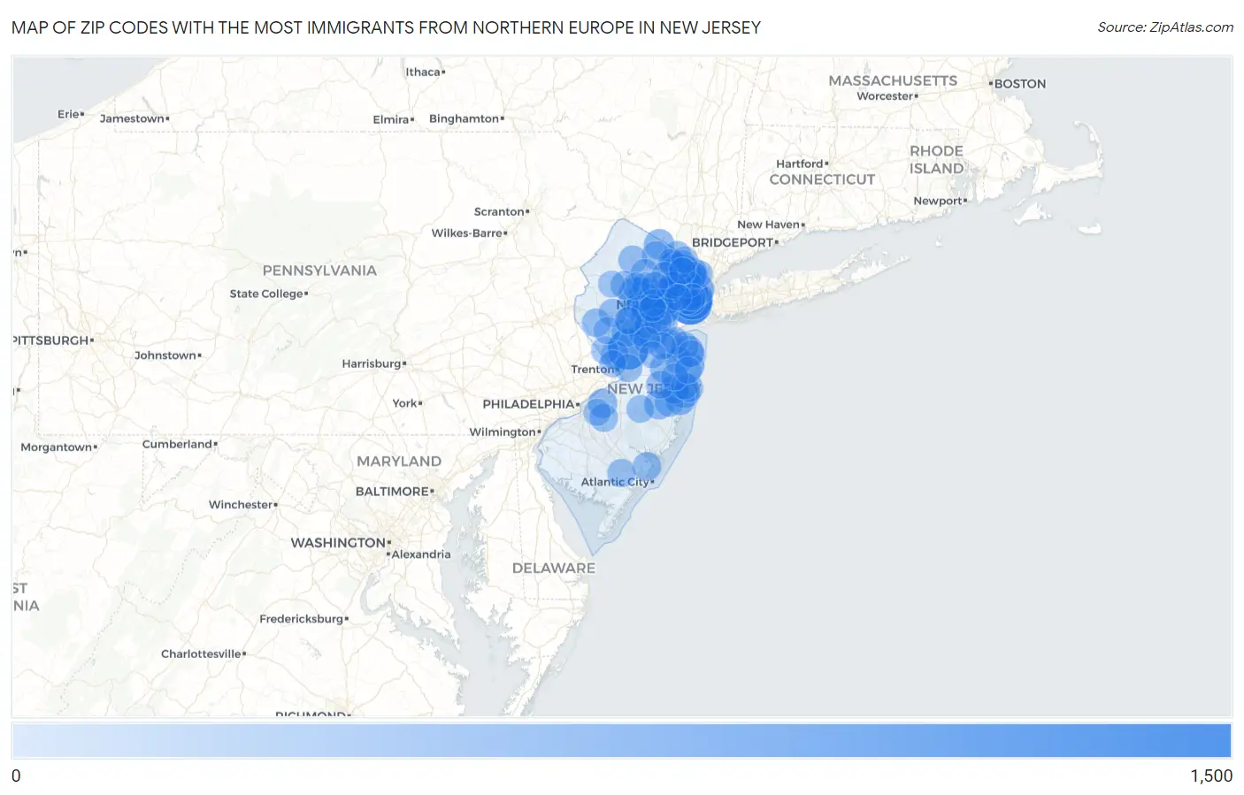Zip Codes with the Most Immigrants from Northern Europe in New Jersey Map