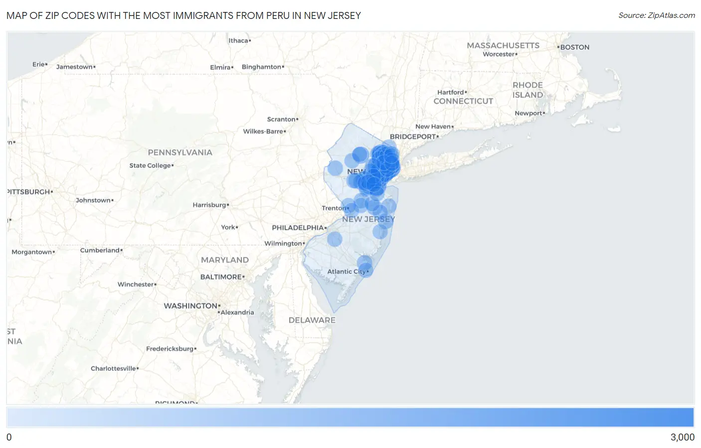Zip Codes with the Most Immigrants from Peru in New Jersey Map
