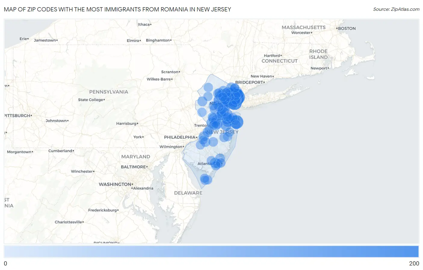 Zip Codes with the Most Immigrants from Romania in New Jersey Map