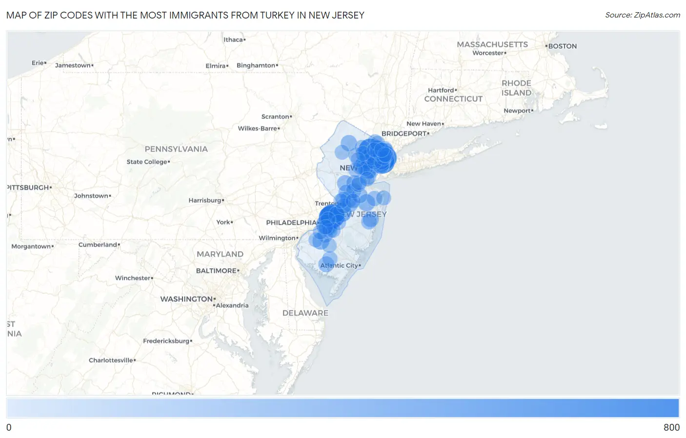 Zip Codes with the Most Immigrants from Turkey in New Jersey Map